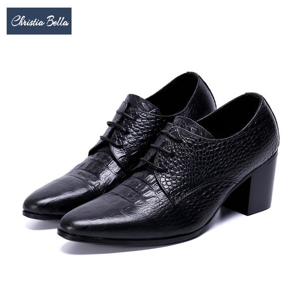 

christia bella british style genuine leather men boots high heels oxford shoes for men lace up increase height shoes large size, Black