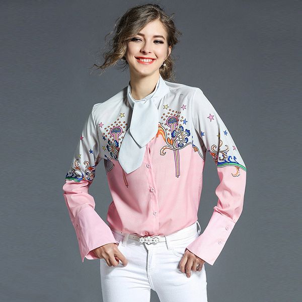 

office bow tie blouses women puff sleeve pink tunic print shirts female elegant 2018 long sleeve autumn, White