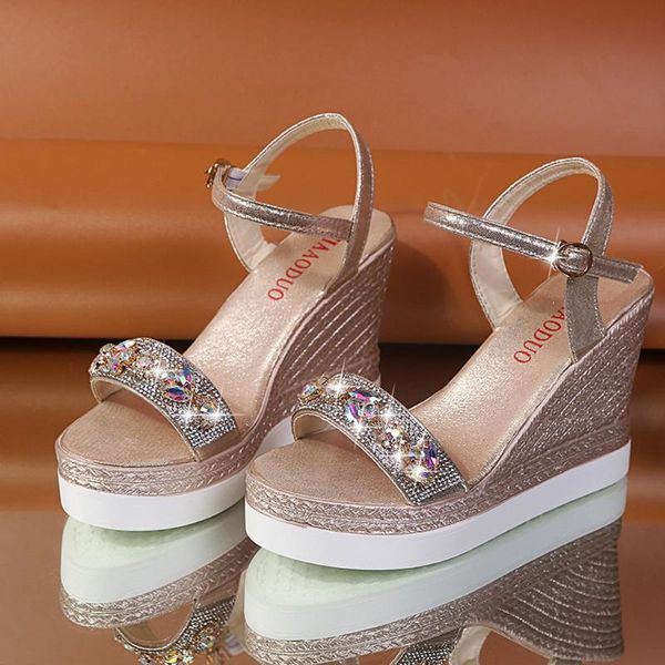 

summer women casual sandals new style thick bottom wedge heel buckle women's sandals rhinestone women#, Black