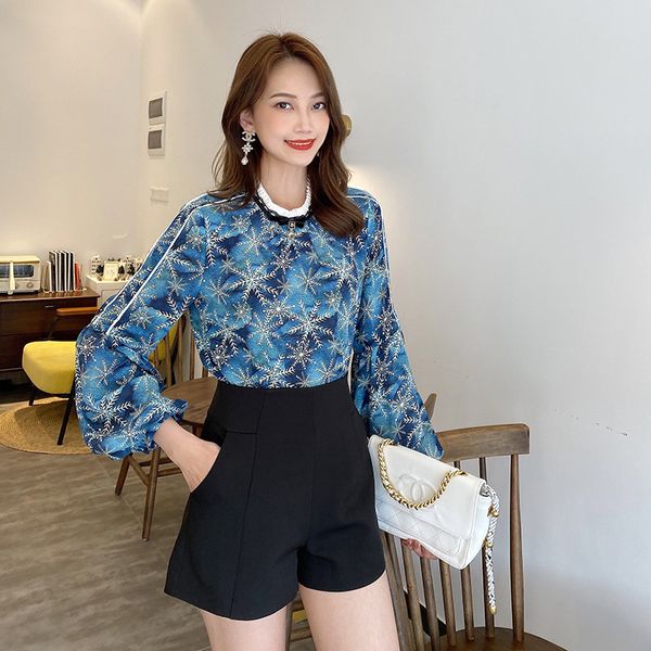 

женская дизайнерская рубашка лето свободные большой размер элегантный темперамент фонарь рукав печати пуловер шелк shirt62dn, White