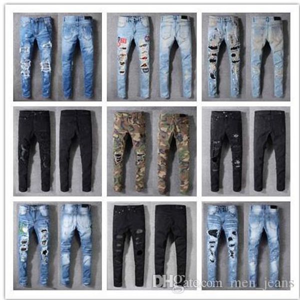 

мужские проблемные рваные патчи джинсы наколенник тонкий стрейч брюки проблемные джинсы дизайнерский модный бренд брюки, Blue