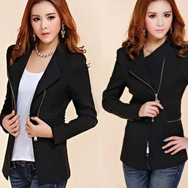 

2019 autumn women long sleeve coat blazer biker jacket outwear casual fashion zipper up solid color blazer coat, White;black