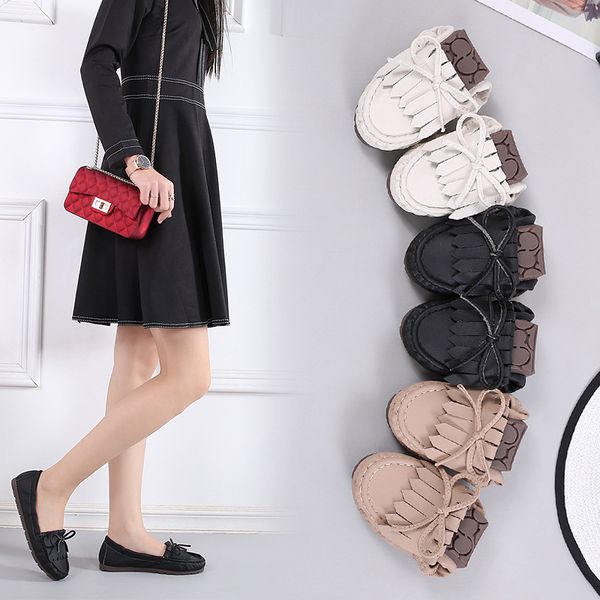 

2020 loafers shoes woman slip-on solid flats cow split leather moccasin soft flats fringe boat flat shoes mother casual 42, Black