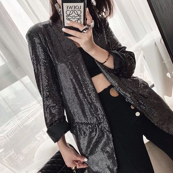 

early autumn new sequins shiny stylish loose slim suit short coat, White;black