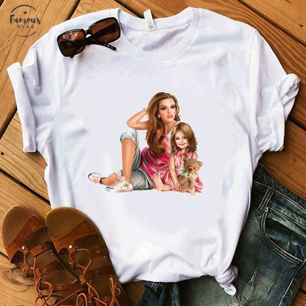 

lovely mom gift t shirt lady mama with girl vogue white t shirts woman 100% cotton summer soft mother base shirt
