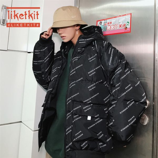 

liketkit men's winter parkas 2019 male letter printed thick hooded bubble coat mens hip hop korean couples harajuku windbreaker, Black