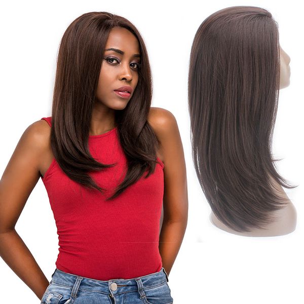 

дешевые качество 26inch 4 # коричневый прямой парик волос с волос младенца свободная часть жаропрочных синтетический glueless передний парик, Black;brown