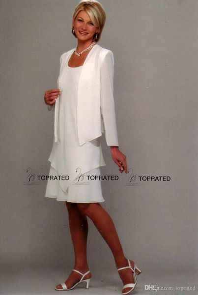 

2019 new mother of the bride groom formal gown evening dresses with sheath jacket scoop knee length white chiffon long sleeve, Black;red