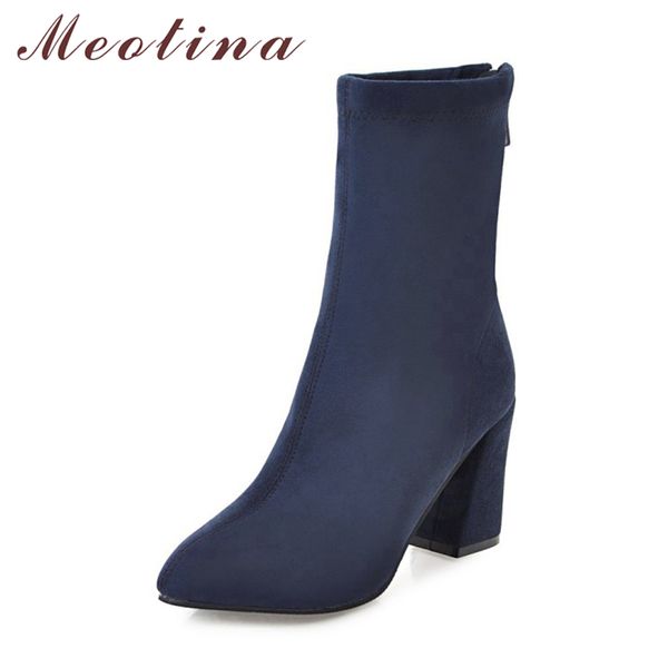 

meotina winter mid calf boots women boots zip luxury sock western 2018 female black shoes blue red plus size 34-43