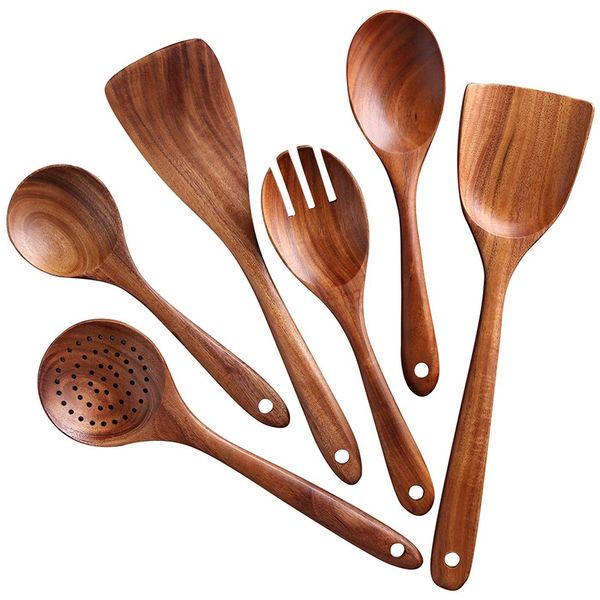 

New Kitchen Utensil Set, Wooden Cookware Set Nonstick Kitchen Tool Wooden Spoon and Spatula Salad Fork with Wooden Spoon 6 Piece