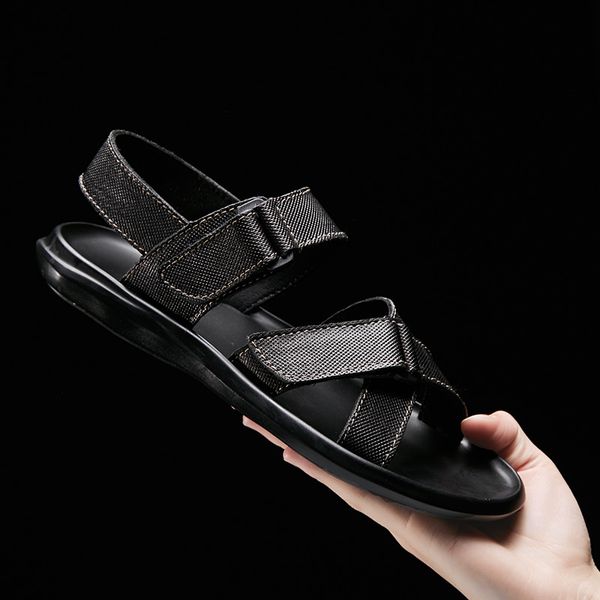 

men leisure large size genuine leather beach sandals outdoor summer shoes black flat shoe man sandal sandalia masculina sapatos