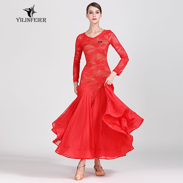 

lace bodice with long chiffon skirt ballroom dress for woman dancer costume modern professional dress 2 colors available a0005, Black;red