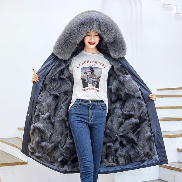 

luxury real fur parka womens natural fur coats shearling jacket winter fox fur coats hooded outerwear outdoor snow windbreaker waterproof, Black