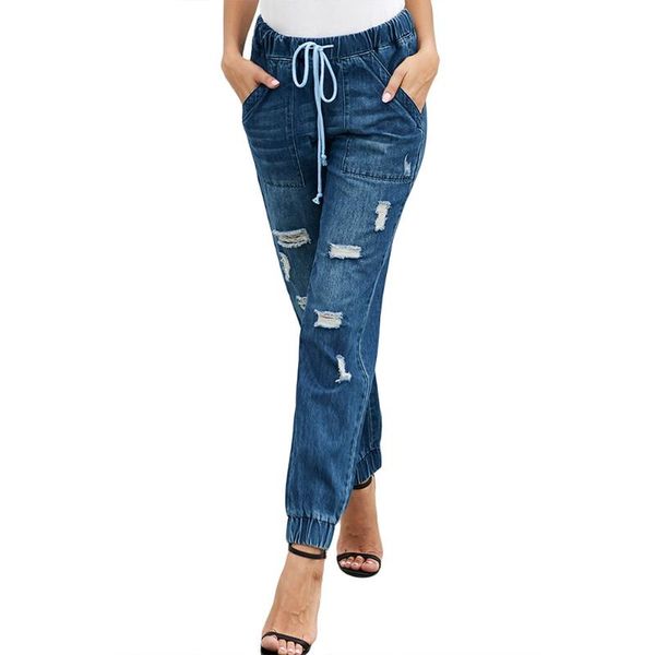 

casual pants loose slimming high waist jeans women's new style drawstring waistband elastic europe and america ripped pants 7861, Blue