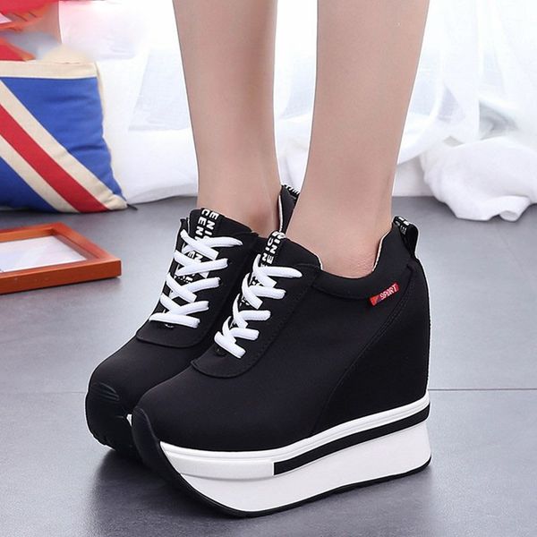 

women shoes 2019 height increasing canvas wedges platform heels shoes sneakers women casual shoes, Black;white