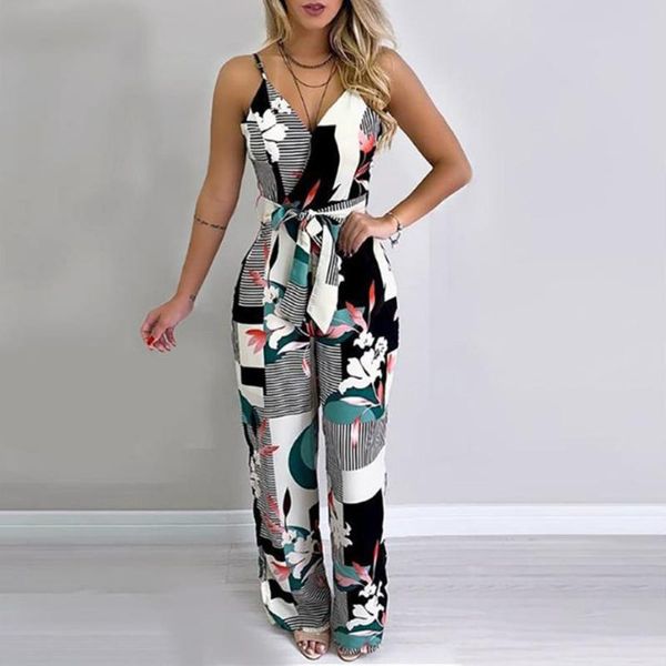

women v-neck striped geometric printed jumpsuit female sleeveless bandage loose long jumpsuits summer casual clothes 2020, Black;white