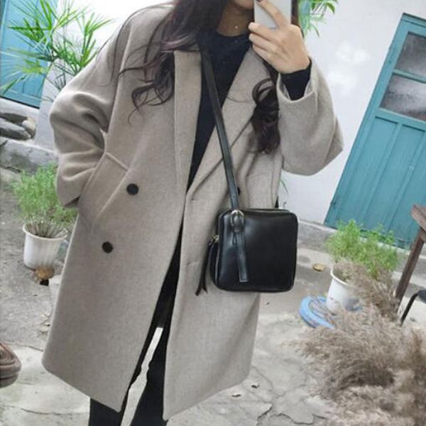 

luzuzi new thin wool blend coat women long sleeve turn-down collar outwear jacket casual autumn winter elegant overcoat z5721 y190926, Black