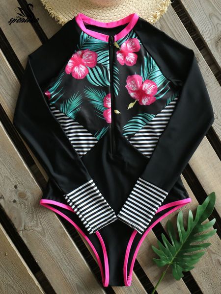 

2020 print floral one piece swimsuit long sleeve swimwear women bathing suit retro swimsuit vintage one-piece surfing swim suit, White;black