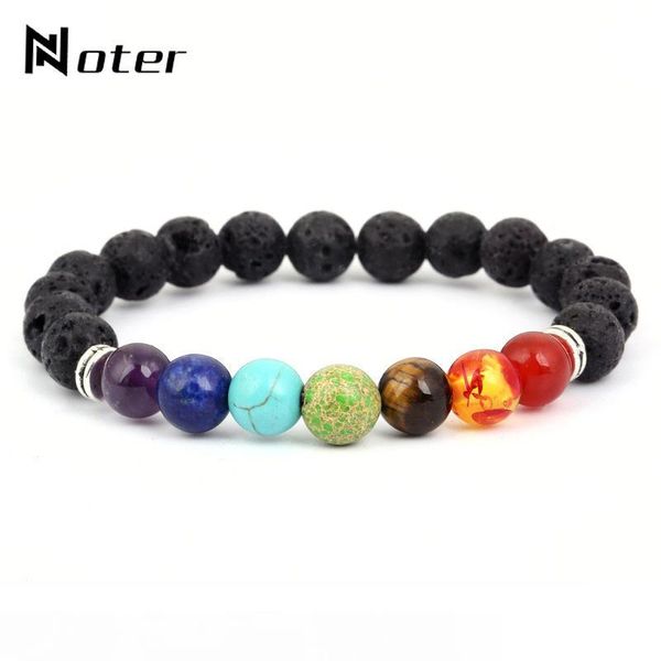 

noter natural stone lava beads chakra bracelet rainbow energy stone yoga braclet for men women hand jewelry bijoux homme, Black