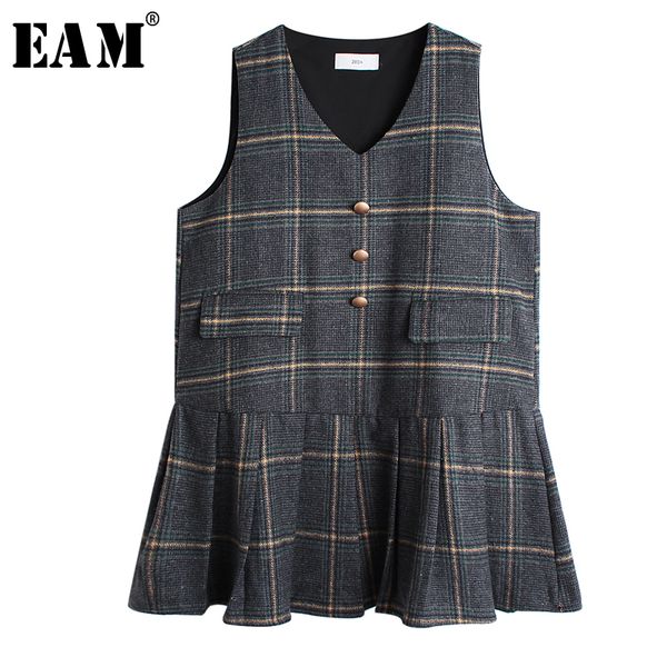 

eam] women dark blue palid ruffles temperament dress new v-neck sleeveless loose fit fashion tide spring autumn 2019 19a-a420, Black;gray