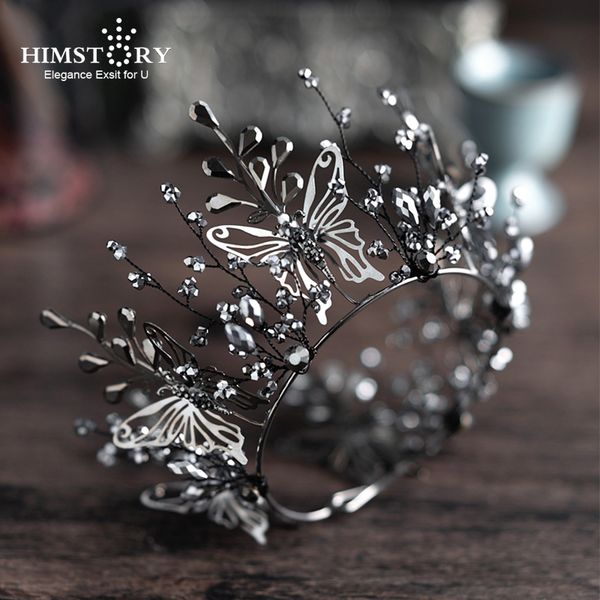 

himstory black handmade butterfly vintage wedding tiara crown baroque bridal hair accessories black beads headpiece jewlery hairwear, Golden;white
