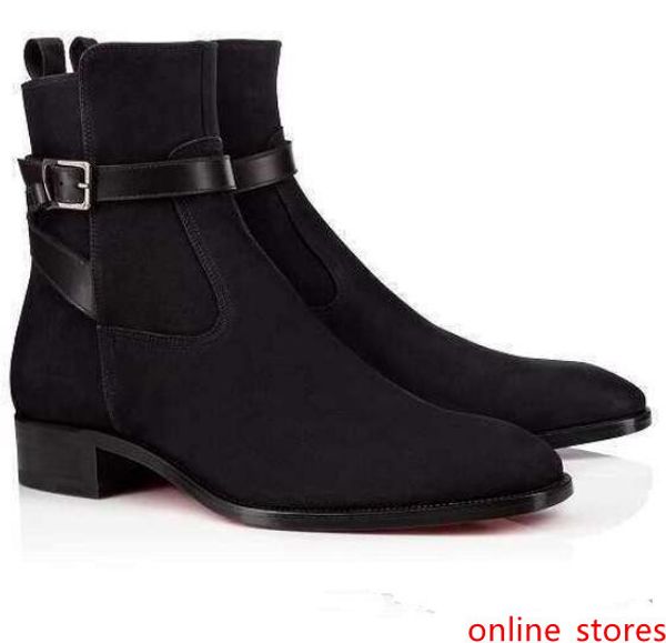 

luxury fashion plain toe suede blended fabrics plain men s boots suede leather booties red bottom kicko ankle boot coffee,black