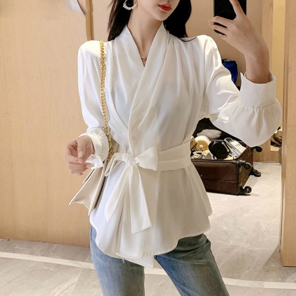 

spring new korean style shirt women v-neck lace up chiffon french and blouses belt-waist shirts, White