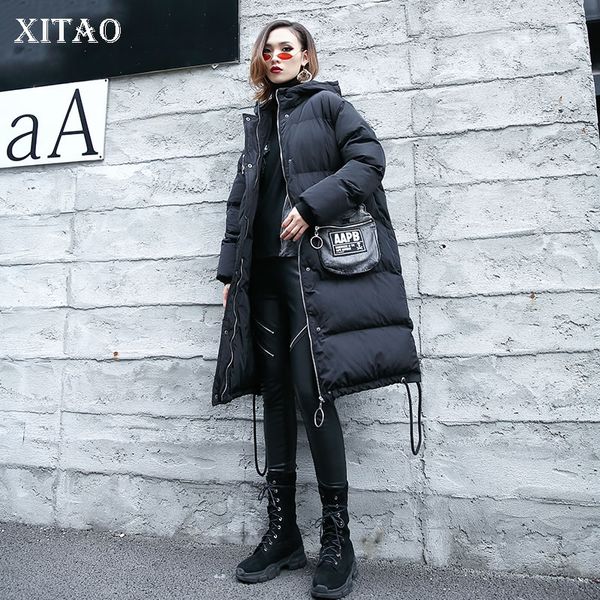 

xitao] 2018 winter korea fashion new arrival women hooded collar full sleeve loose pocket patchwork long thick parka lyh1392, Black