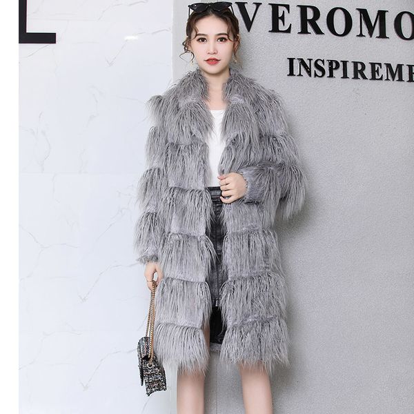 2019 Nerazzurri Faux Fur Coat Women 2019 Winter Gray Long Haired