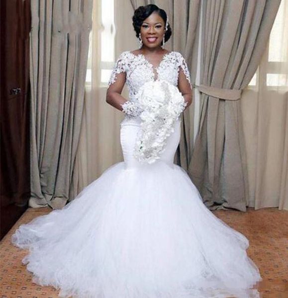 

south african mermaid wedding dresses 2019 new design custom made sheer tule illusion long sleeve lace bridal gowns vestido de novia w192, White