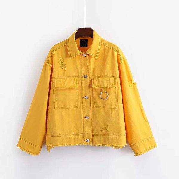 

autumn yellow red ripped denim jacket women streetwear fashion ring pocket loose bomber jacket casual punk jeans basic coat 2019, Black;brown