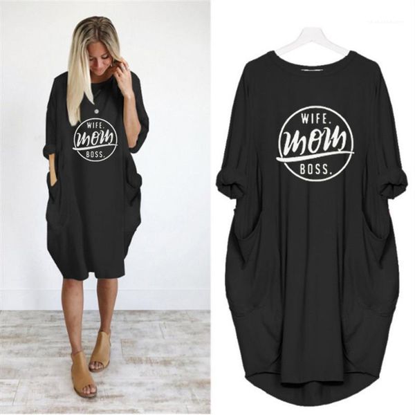 

pocket dresses 5xl letter solid color irregular summer womens designer dresses long sleeve loose plus size with, Black;gray