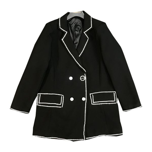 

2019 autumn new fashion heavy work rhinestone chain side design shiny medium long suit, White;black