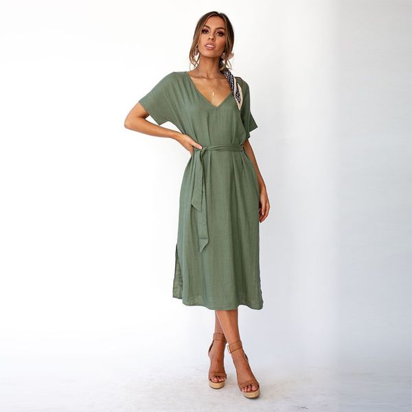 

vintage women bandage dress short sleeve v neck midi dress summer casual loose solid shirt robe femme vestidos, Black;gray