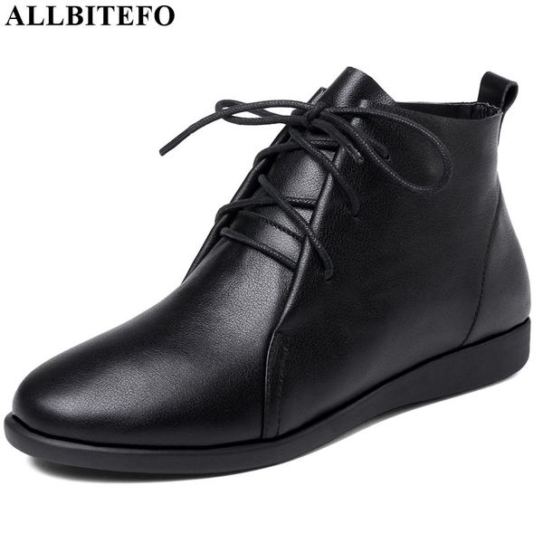 

allbitefo genuine leather low heel ankle boots concise frenulum autumn winter women boots pure color fashion, Black