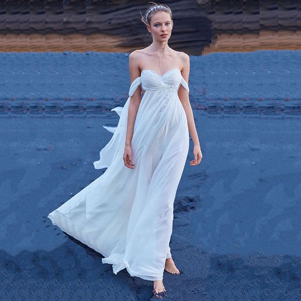 

2020 summer beach wedding dresses off shoulder appliques pleated chiffon empire waist bridal gowns customize plus size, White
