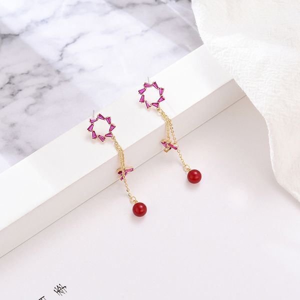 

red hollow small flowers long tassel earrings beads dotted wild dangle ear stud jewelry gift, Silver