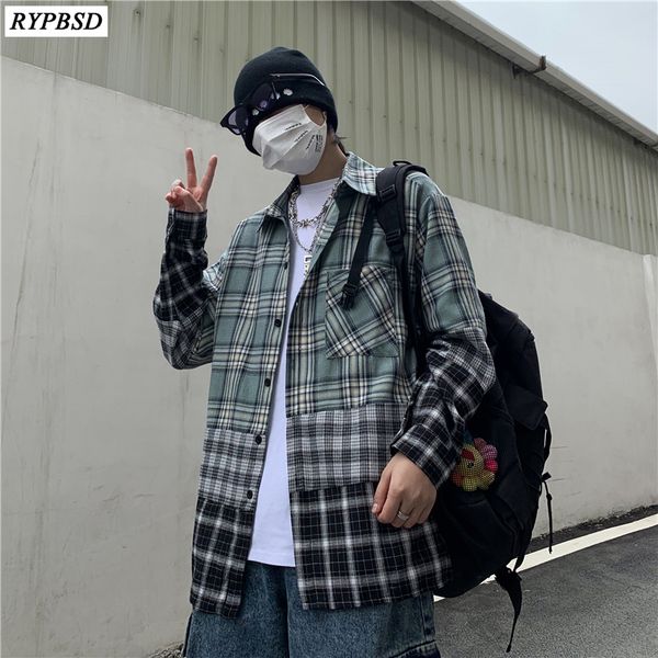 

men's casual shirts spring korean plaid shirt men oversized fashion loose long-sleeved single breasted hip hop patchwork harajuku, White;black