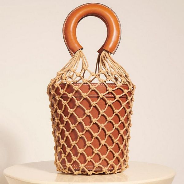 

women net bag bucket handbags fashion hollow out leather tote summer travel beach bag female hand handle