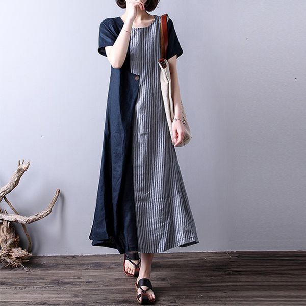 

plus size 2019 summer zanzea women striped o neck short sleeve casual loose party cotton linen dress patchwork long vestido, Black;gray