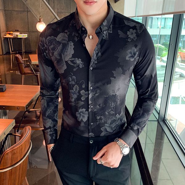 

men's long-sleeved shirt 2019 autumn and winter new casual flower shirt slim long-sleeved youth trend men's clothing, White;black