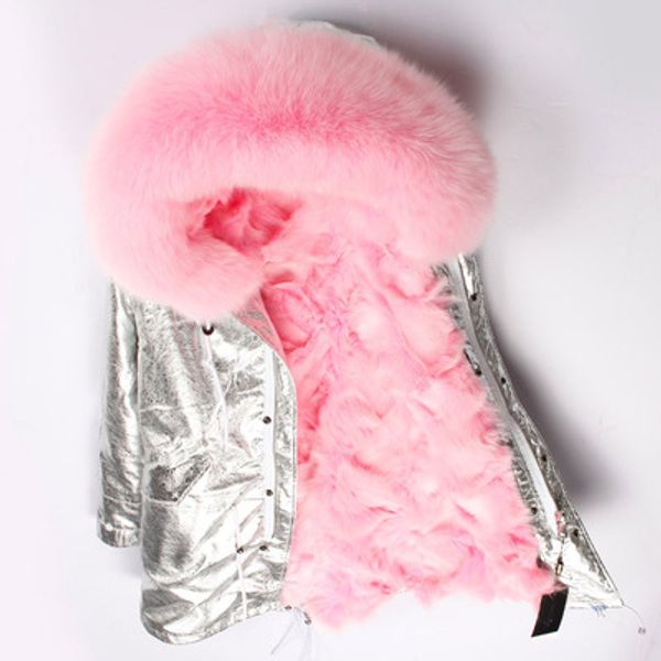 

maomaokong brand pink fox fur trim hoody female snow coats pink fox fur lining silver long parkas usa sweden, Black