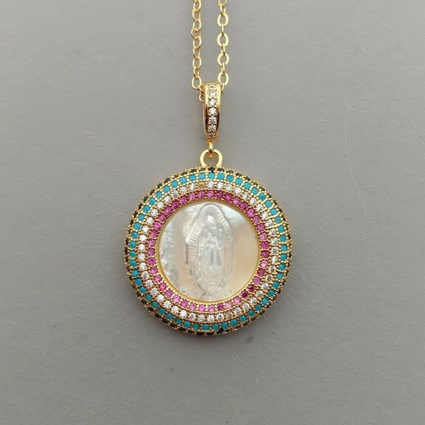 

17.5" white shell virgin mary colorful cz micro pave coin pendant necklace, Silver