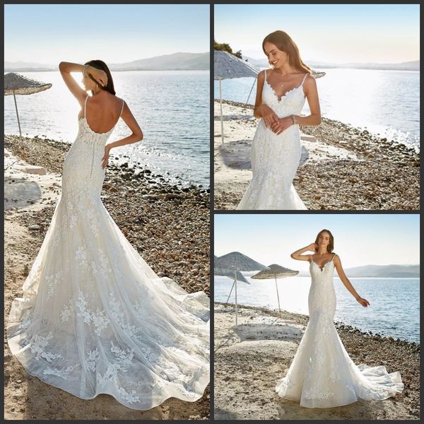 

2019 new beach mermaid wedding dresses beaded spaghetti wedding bridal gowns abiti da sposa lace backless white wedding dress plus size