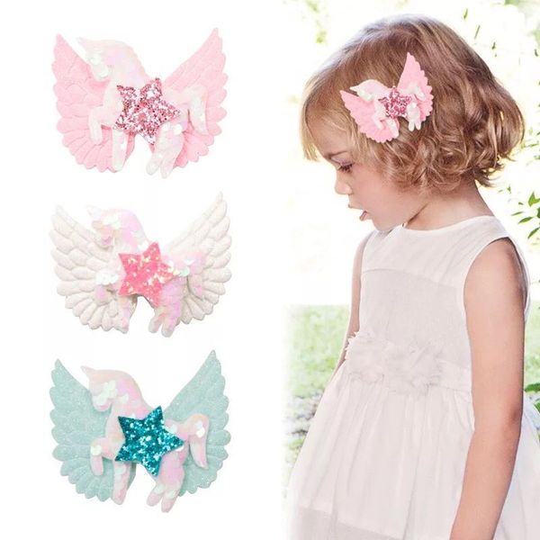 

3.3inch sequins hair barrettes for girls unicorn glitter wings hairpins shiny stars hairgrips kids cute handmade hair accessory, Slivery;white
