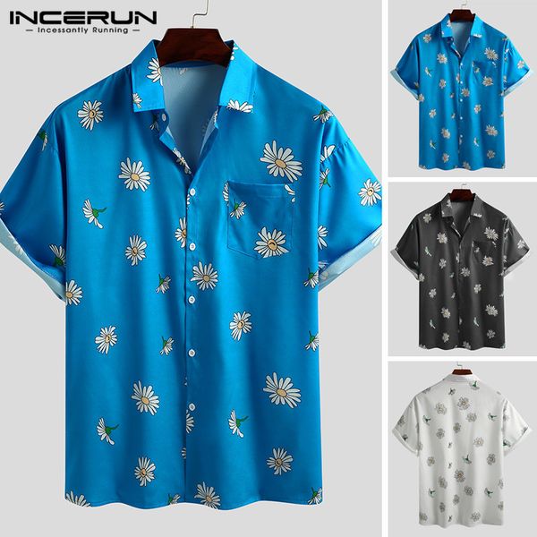 

2020 flower print men shirt short sleeve turn down collar loose casual chic mens hawaiian shirts beach streetwear camisa incerun, White;black