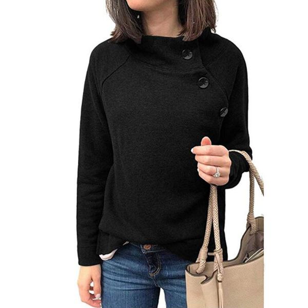 

women slanted button button round neck long sleeve sweatshirt lady pure color autumn pullover hoodies kampsun kapuuts, Black