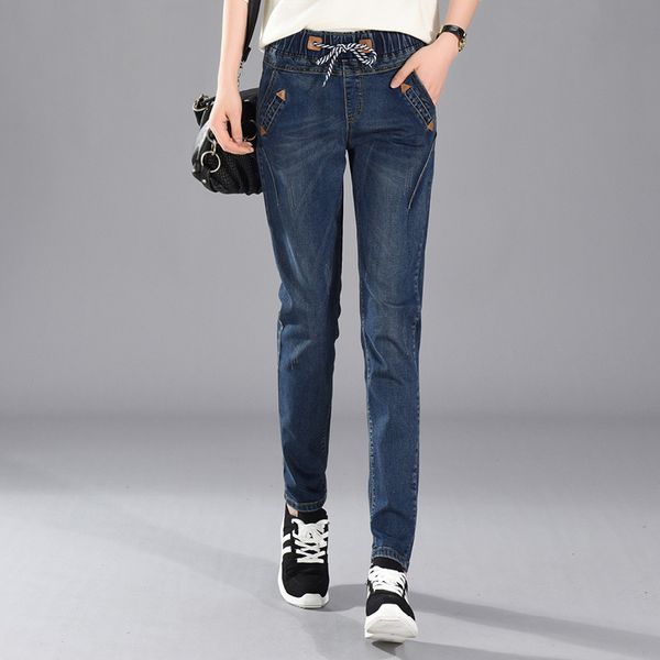 

plus size 5xl jeans woman lace up boyfriend jeans women harem pants stretch jeans femme long pants denim trousers women c4532, Blue