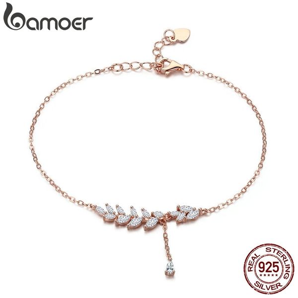 

bamoer new 925 sterling silver rose gold tree leaves leaf chain link women lobster clasp bracelet jewelry adjustable scb049, Golden;silver