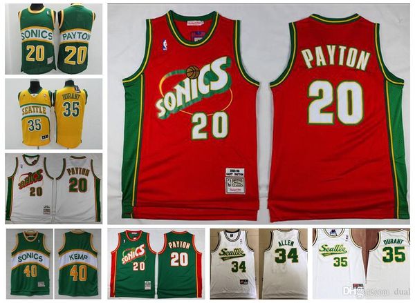 

seattle supersonics basketball retro allen 34 ray allen jersey 35 kevin durant 40 shawn kemp 20 gary payton nba red golden jerseys, Black